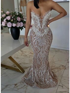 Nude Illusion Sequin Mermaid Evening Dress